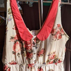 White & Floral Chiffon Dress, Peter-pan Collar, Elastic Waist